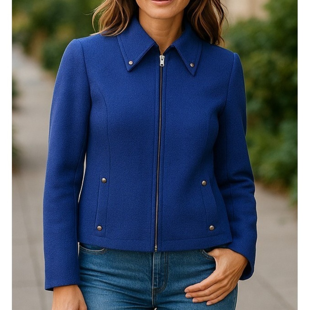 Vintage St John Santana Knit Jacket Womens 2 Blue Full Zip Pleated Back Studded